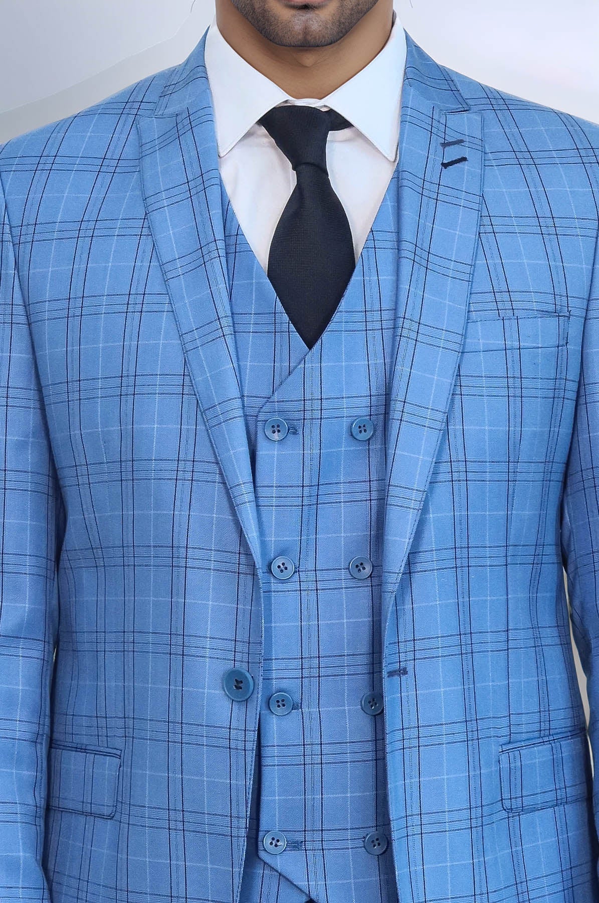 Checked Light Blue Men Suit - Wessi