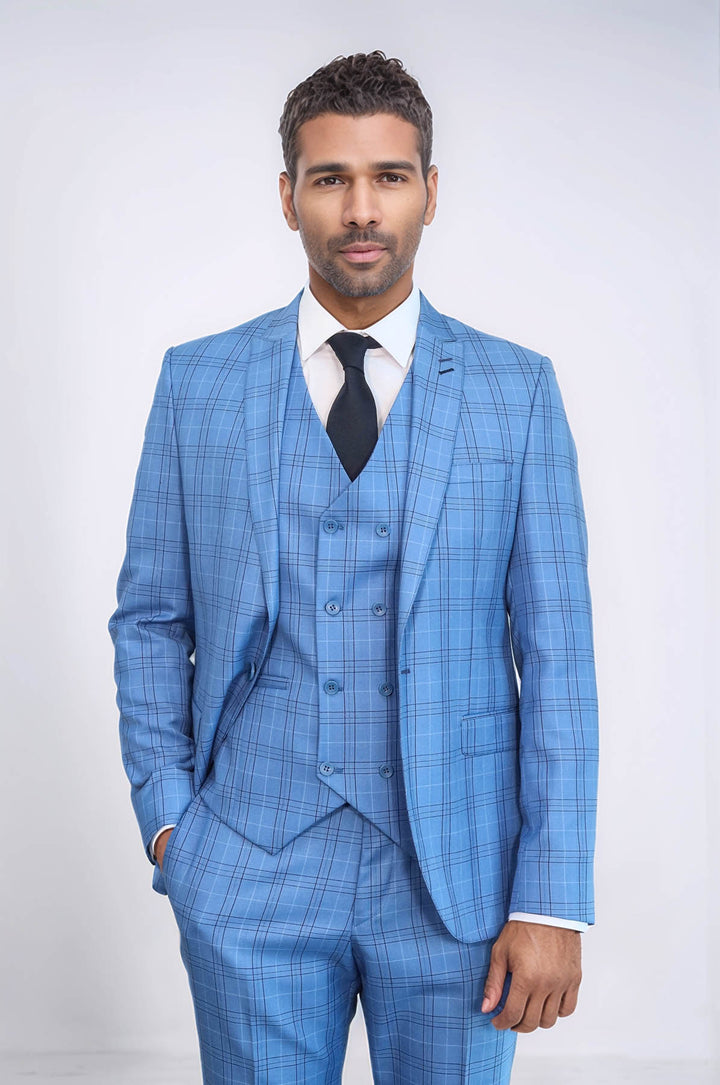 Checked Light Blue Men Suit - Wessi
