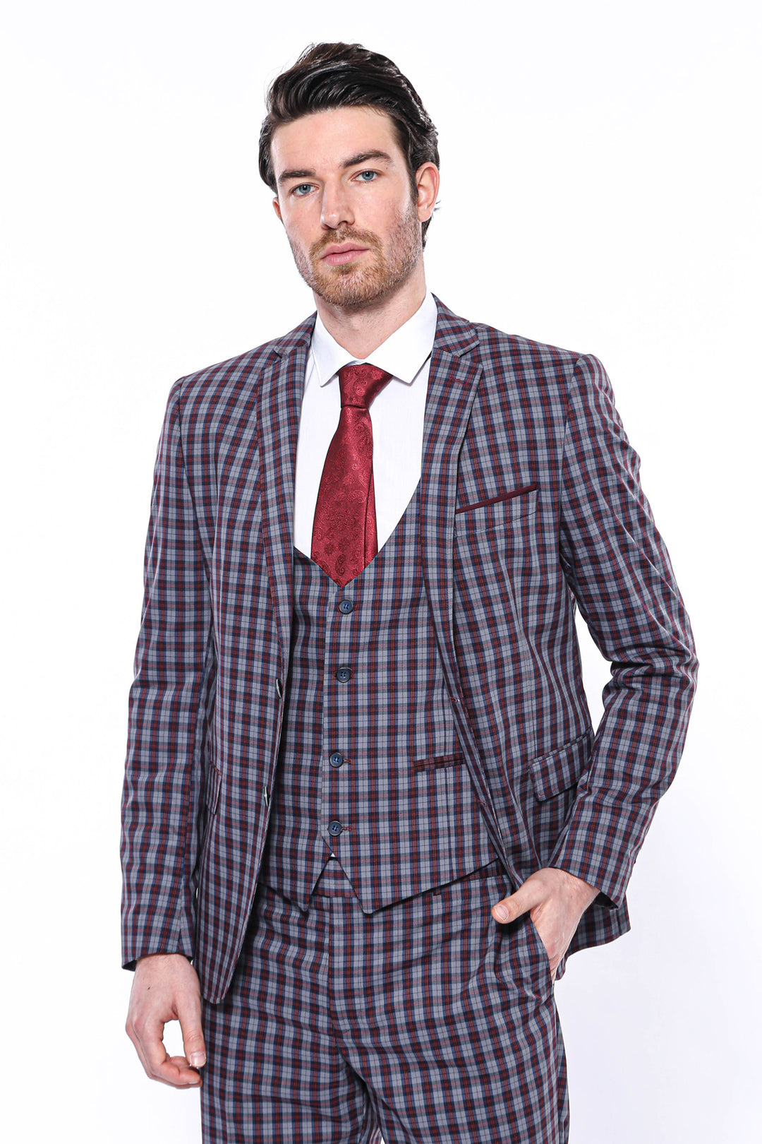 Gilet de costume à carreaux à 2 boutons et col mono Costume bordeaux-Wessi