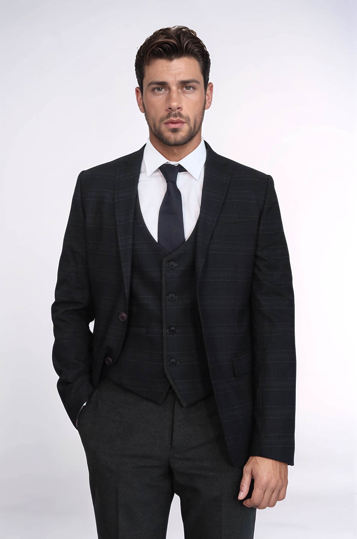 最初の  Plaid 3 Piece Black Suit | Wessi サーフィン・ボディボード