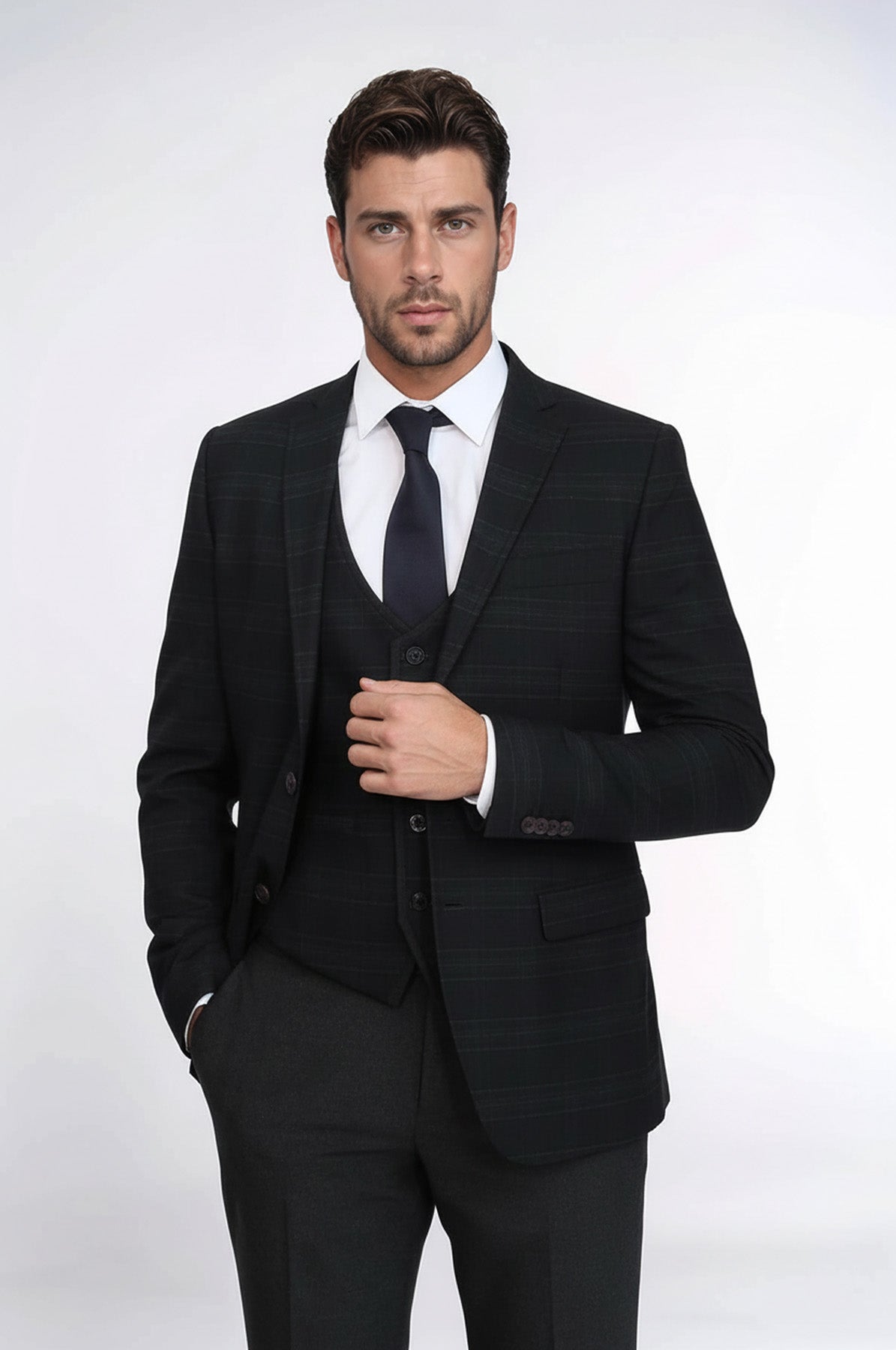 Black Plaid 3-Piece Winter Suit | Wessi Men's Business Suit