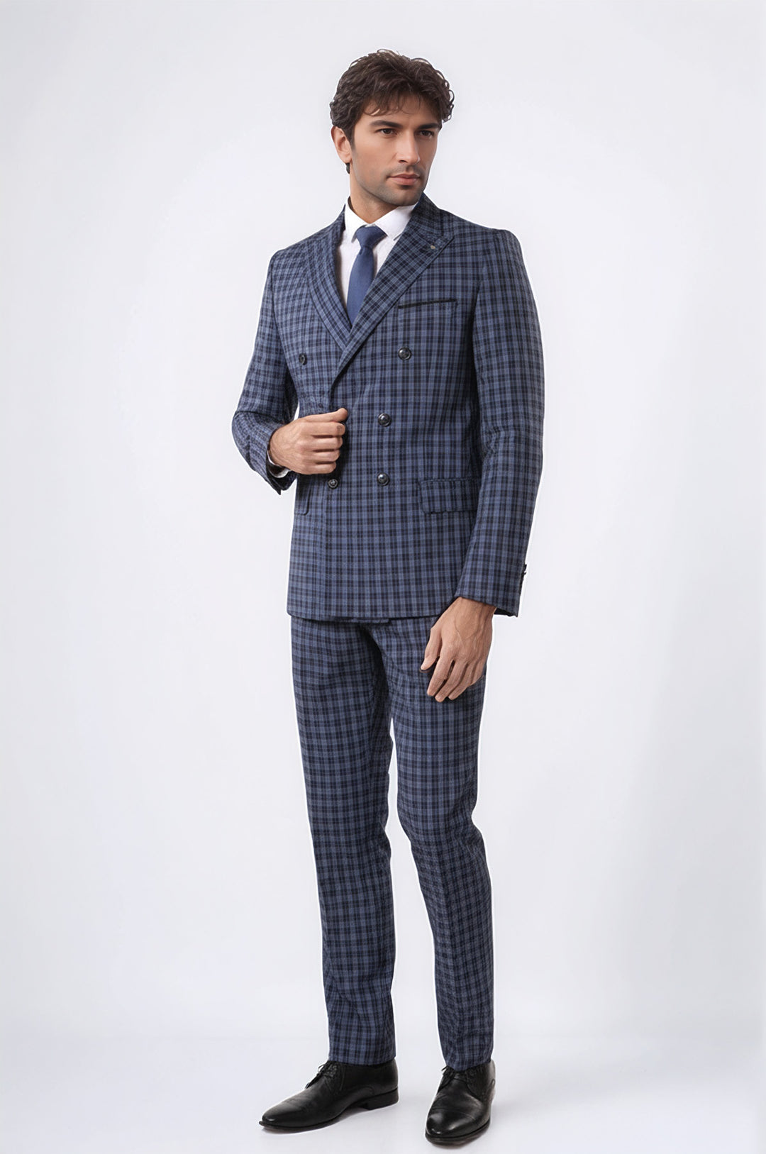 Plaid Navy Blue Men's Double Breasted Suit | Wessi