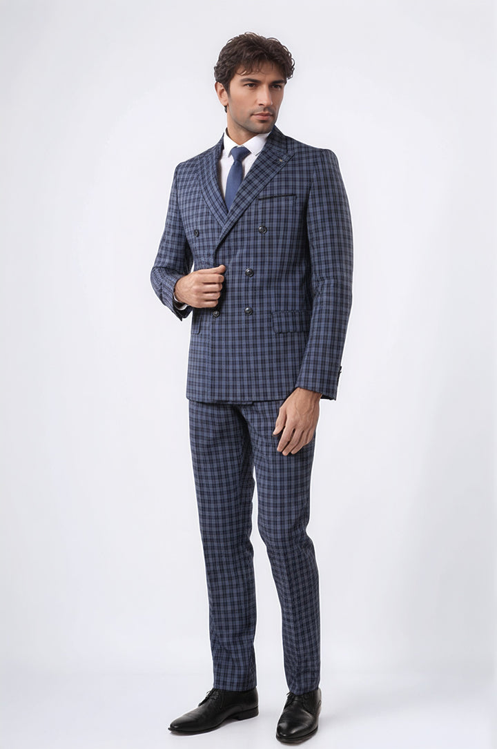 Plaid Navy Blue Men's Double Breasted Suit | Wessi