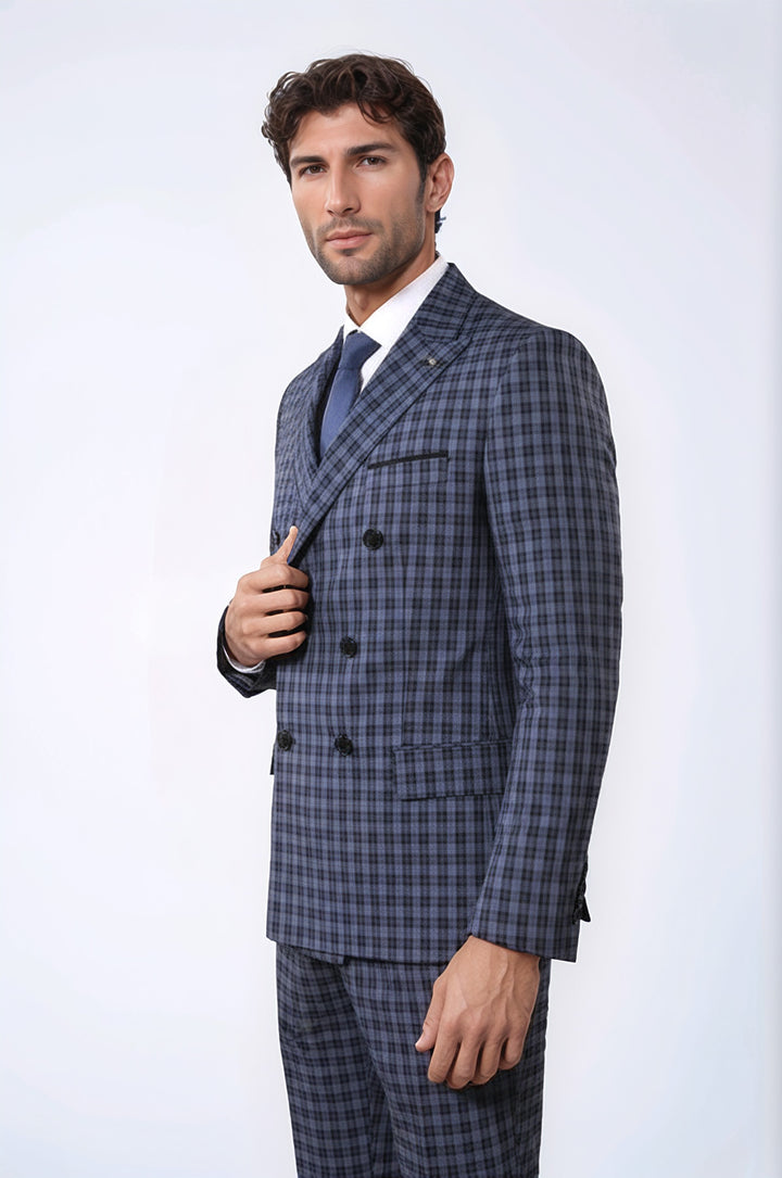Plaid Navy Blue Men's Double Breasted Suit | Wessi