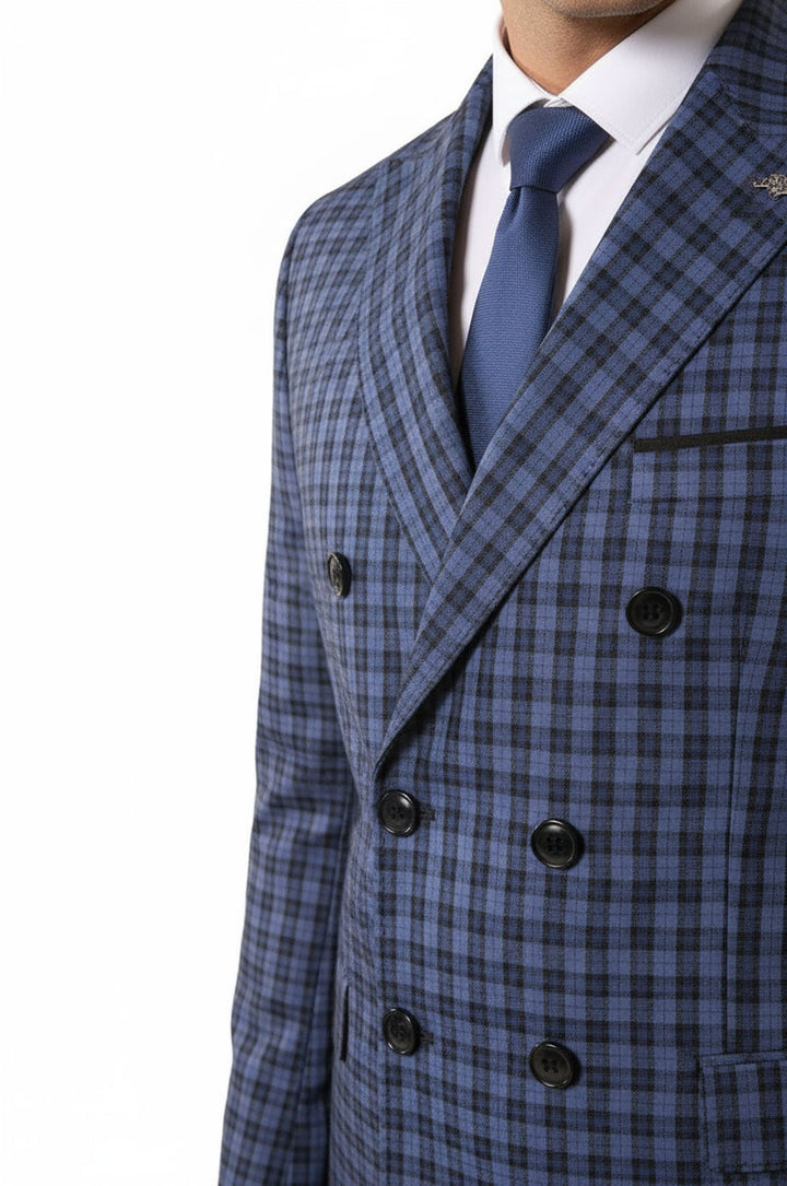 Plaid Navy Blue Men's Double Breasted Suit | Wessi