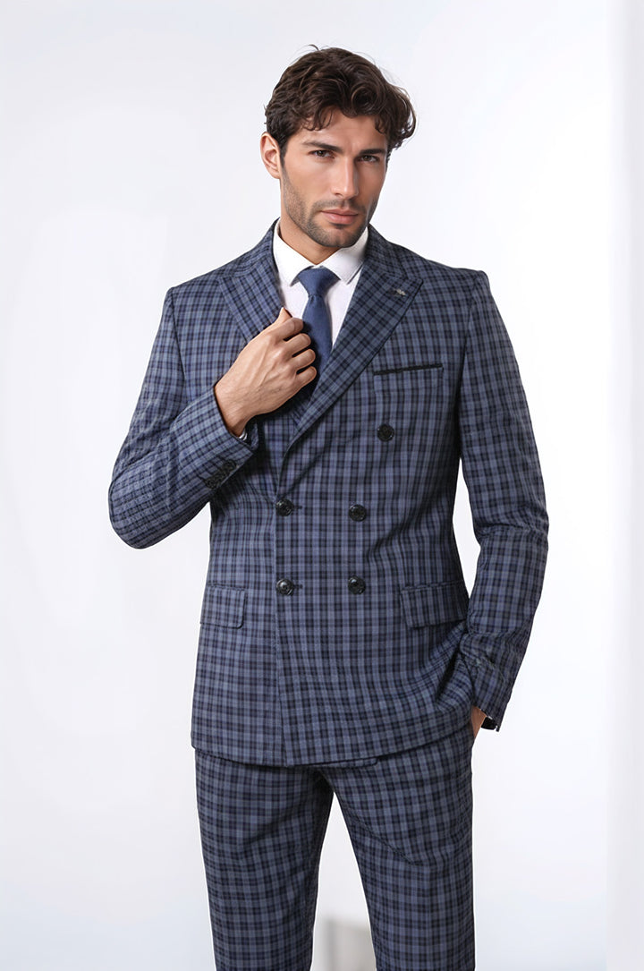 Plaid Navy Blue Men's Double Breasted Suit | Wessi