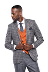 Orange Vested Checked Grey Men Suit - Wessi