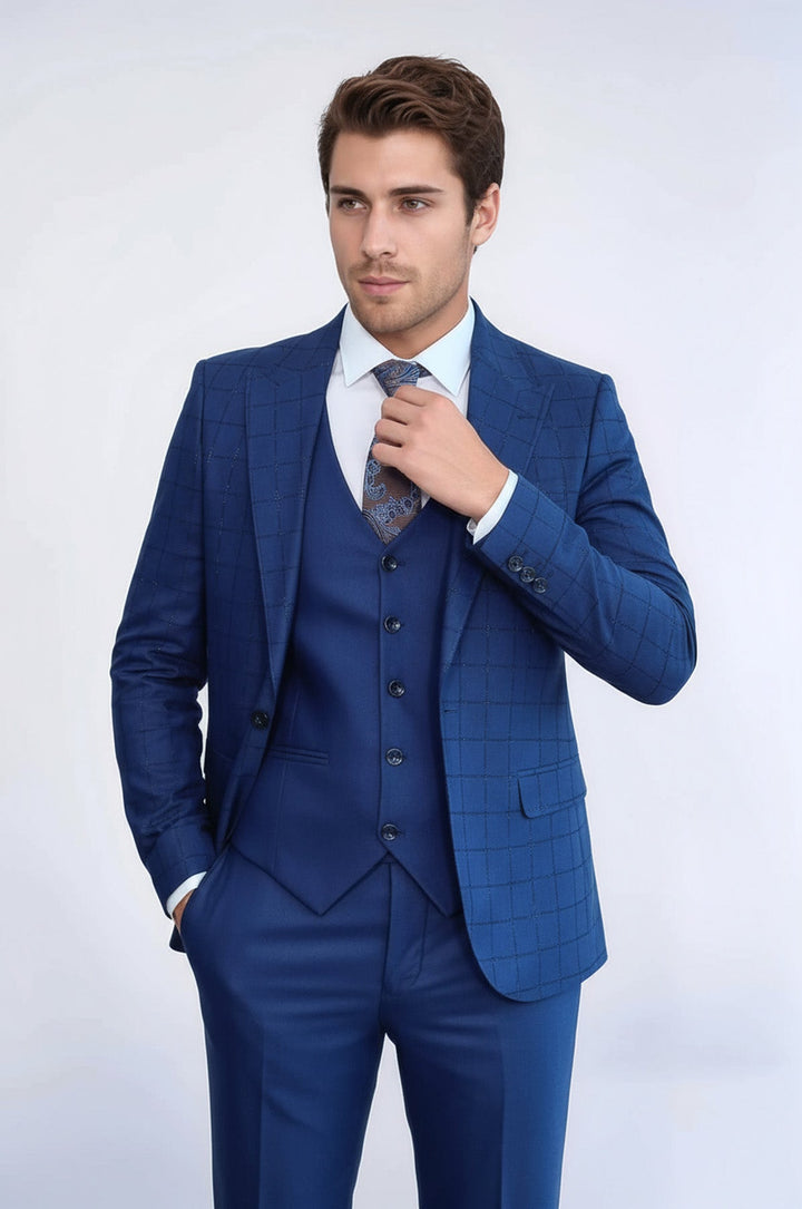 Blue Vested Suit With Plaid Blazer - Wessi