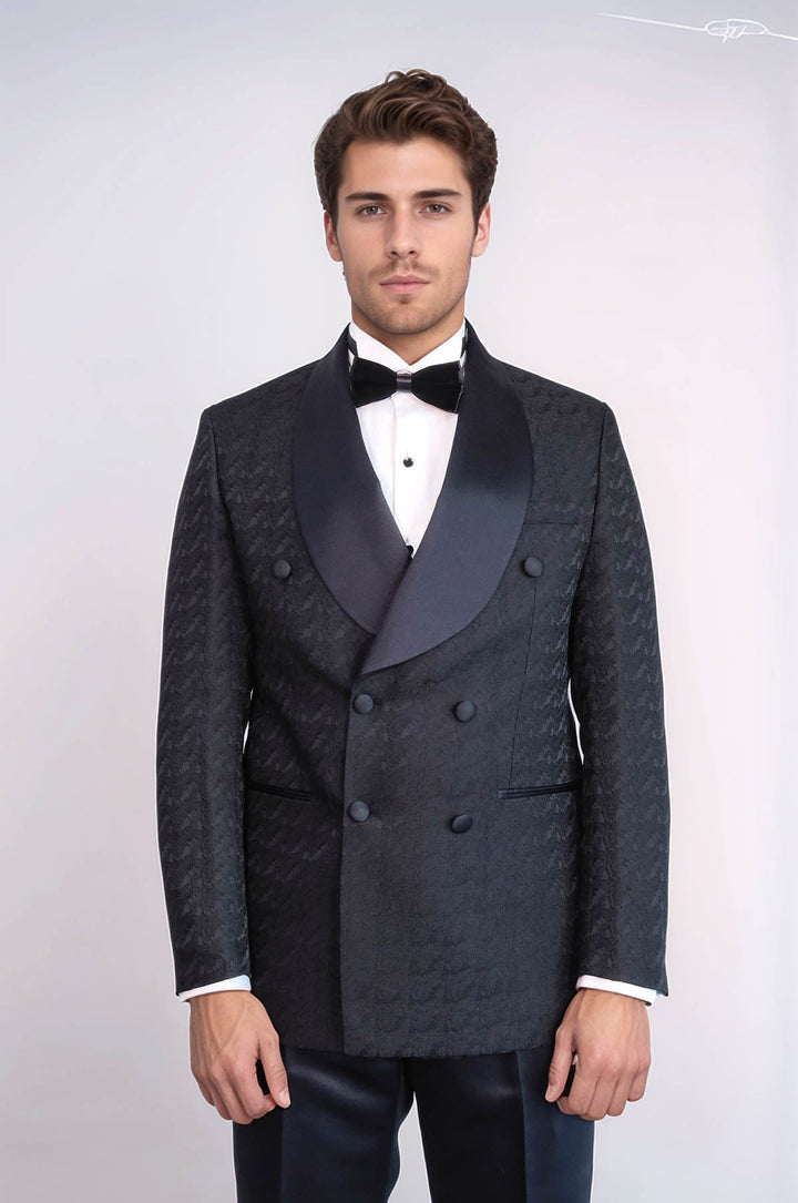 Costume De Smoking Homme Noir à Double Boutonnage En Satin Avec Col Châle - Wessi