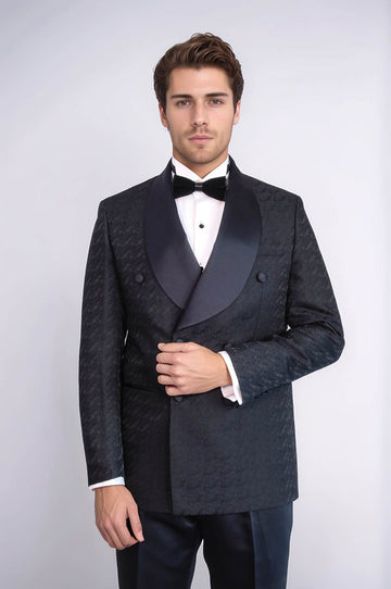 Traje de esmoquin para hombre negro con doble botonadura y estampado de cuello chal de raso - Wessi