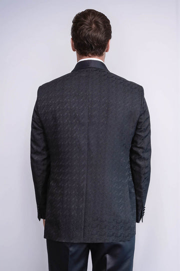 Traje de esmoquin para hombre negro con doble botonadura y estampado de cuello chal de raso - Wessi