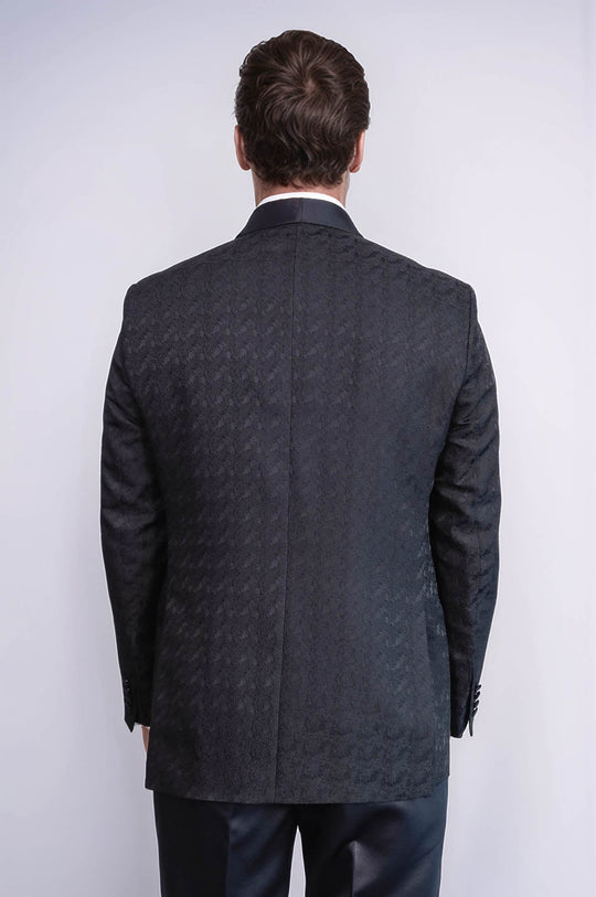 Traje de esmoquin para hombre negro con doble botonadura y estampado de cuello chal de raso - Wessi