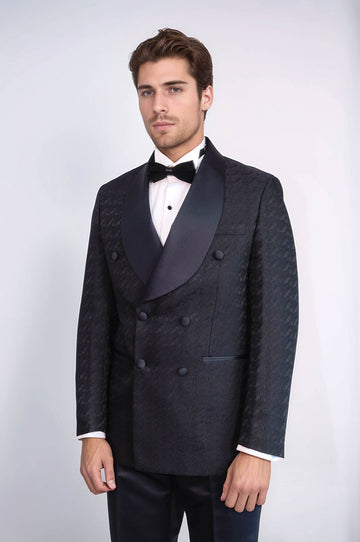 Traje de esmoquin para hombre negro con doble botonadura y estampado de cuello chal de raso - Wessi
