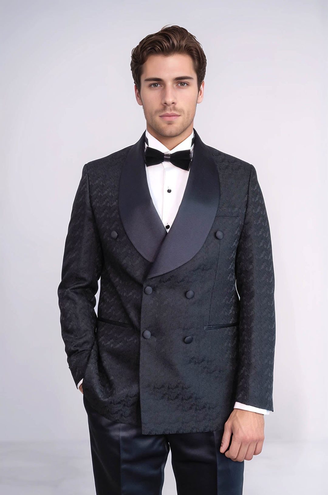 Costume De Smoking Homme Noir à Double Boutonnage En Satin Avec Col Châle - Wessi