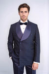 Satin Shawl Collar Patterned Double Breasted Navy Blue Men Tuxedo Suit - Wessi