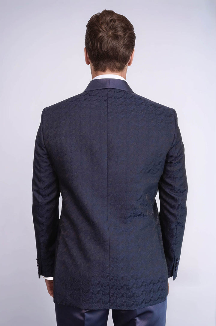 Traje de esmoquin para hombre azul marino cruzado estampado con cuello chal de raso - Wessi