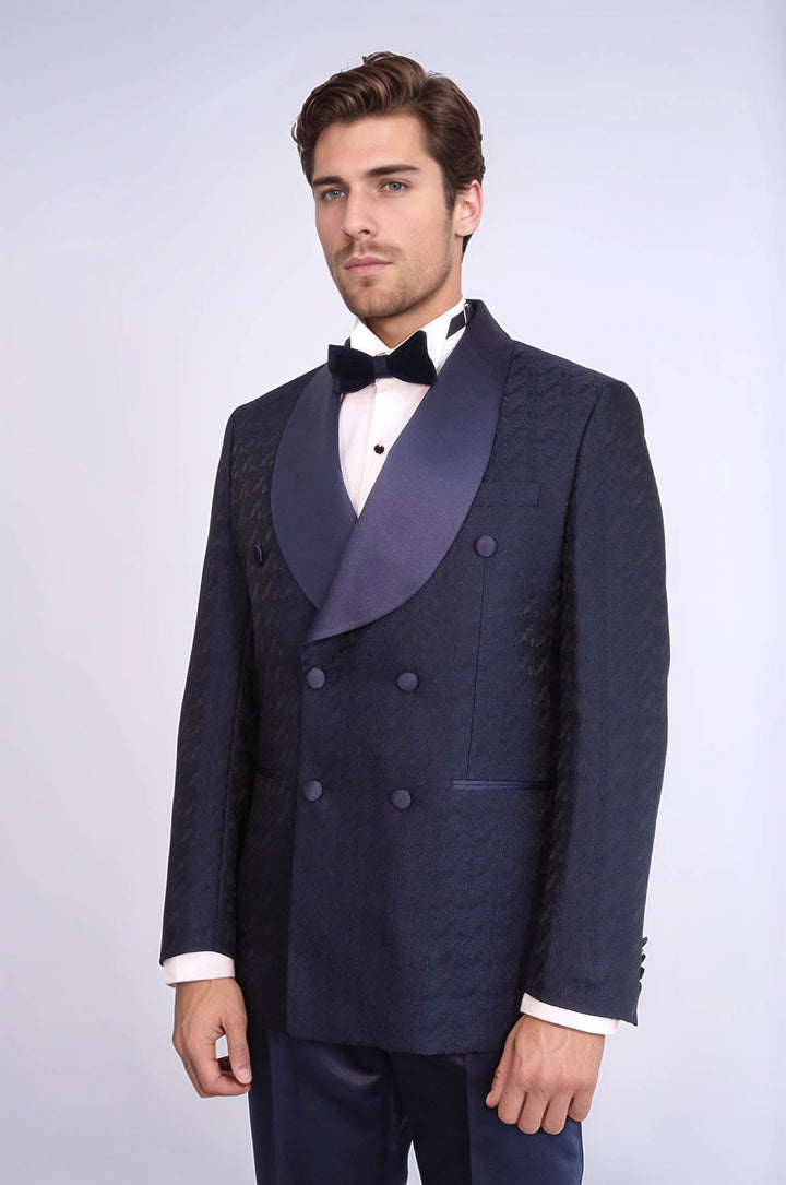 Traje de esmoquin para hombre azul marino cruzado estampado con cuello chal de raso - Wessi