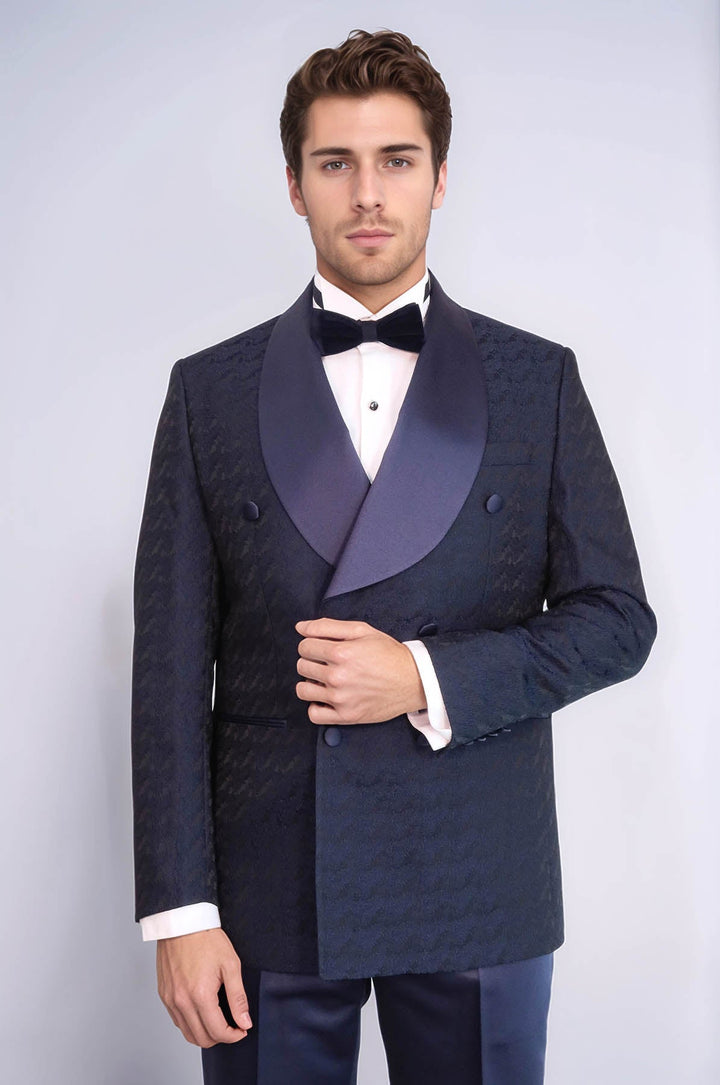 Traje de esmoquin para hombre azul marino cruzado estampado con cuello chal de raso - Wessi