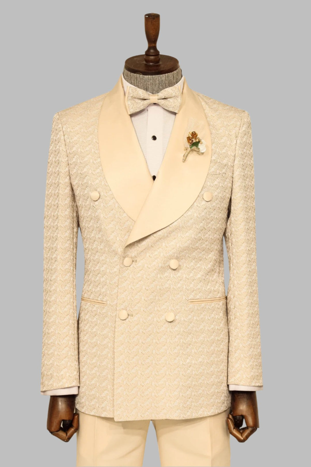 Satin Shawl Collar Patterned Double Breasted Champagne Men Tuxedo