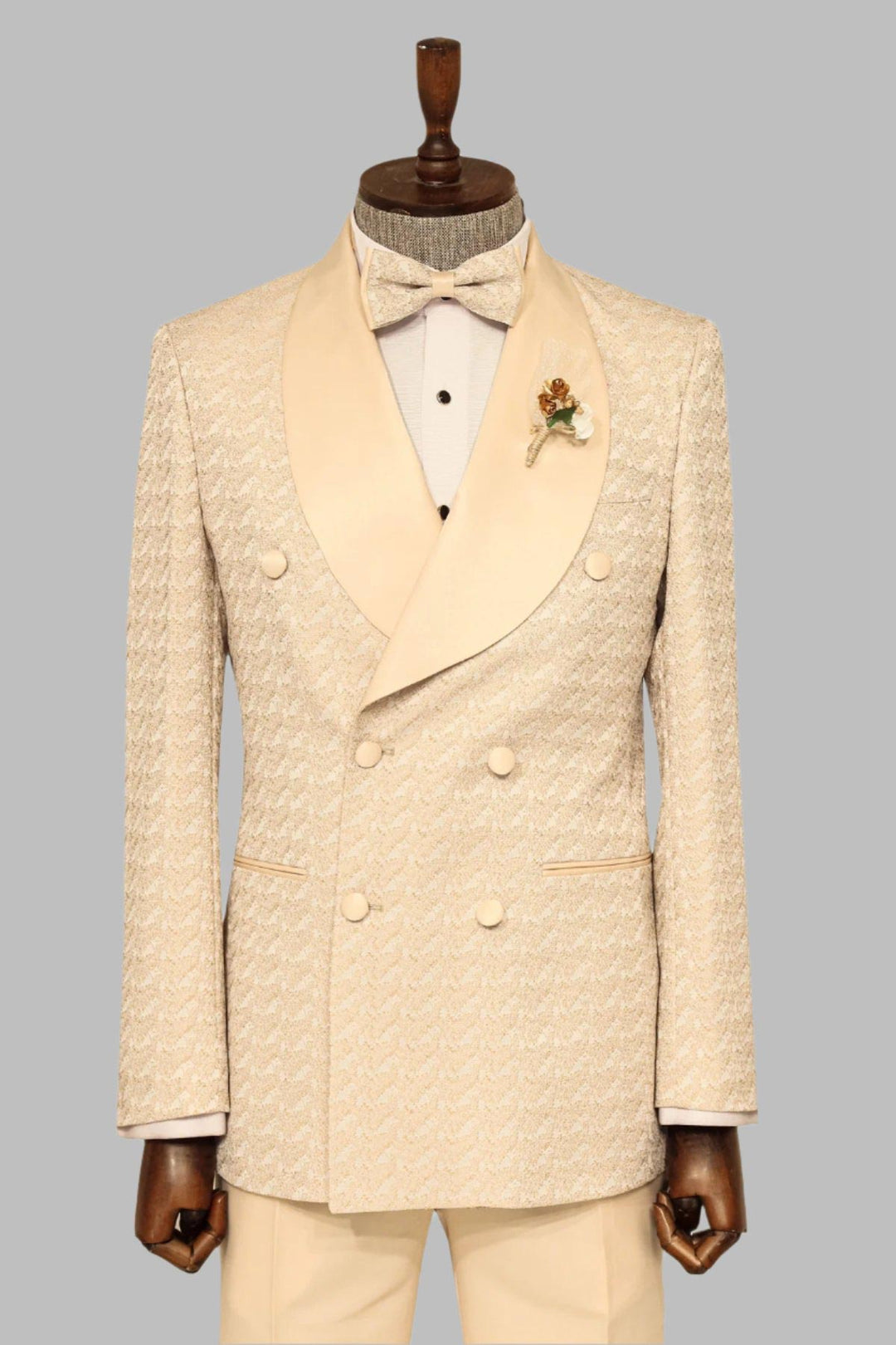 Traje de esmoquin para hombre champán con doble botonadura y estampado de cuello chal de raso - Wessi