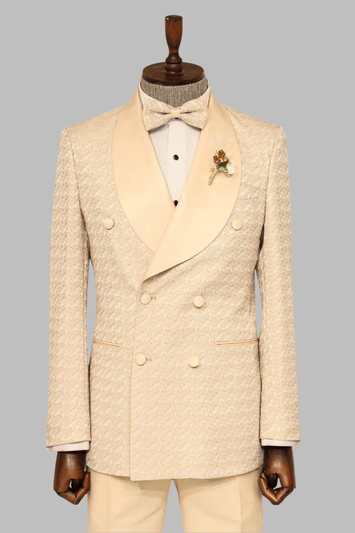 Traje de esmoquin para hombre champán con doble botonadura y estampado de cuello chal de raso - Wessi