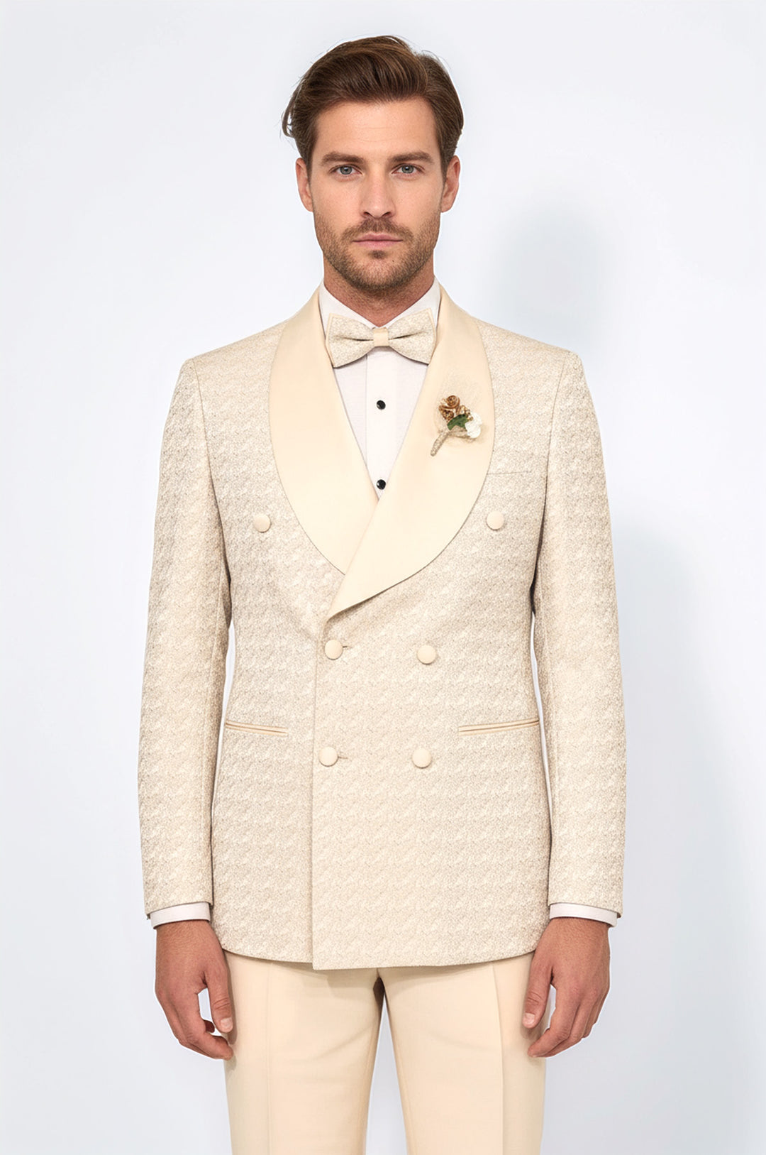 Satin Shawl Collar Patterned Double Breasted  Champagne Men Tuxedo Suit - Wessi