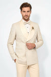 Satin Shawl Collar Patterned Double Breasted  Champagne Men Tuxedo Suit - Wessi