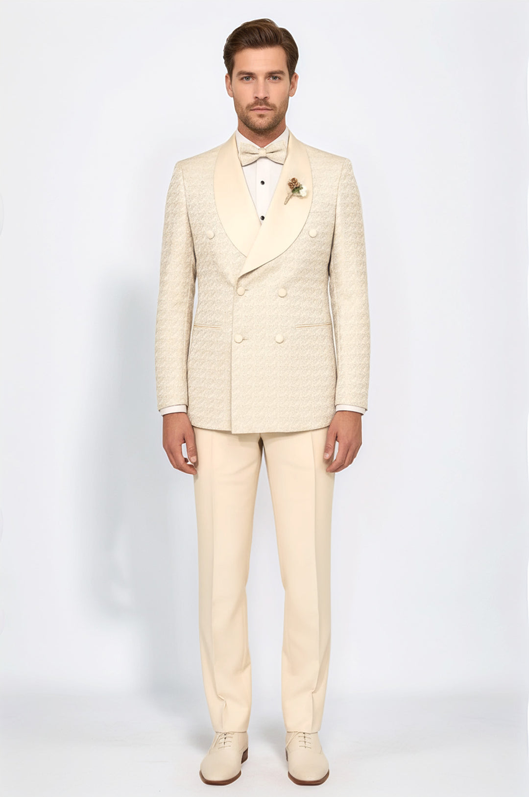Satin Shawl Collar Patterned Double Breasted  Champagne Men Tuxedo Suit - Wessi