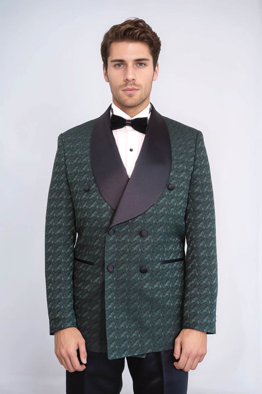 Traje de esmoquin para hombre de raso con cuello chal estampado cruzado verde oscuro - Wessi