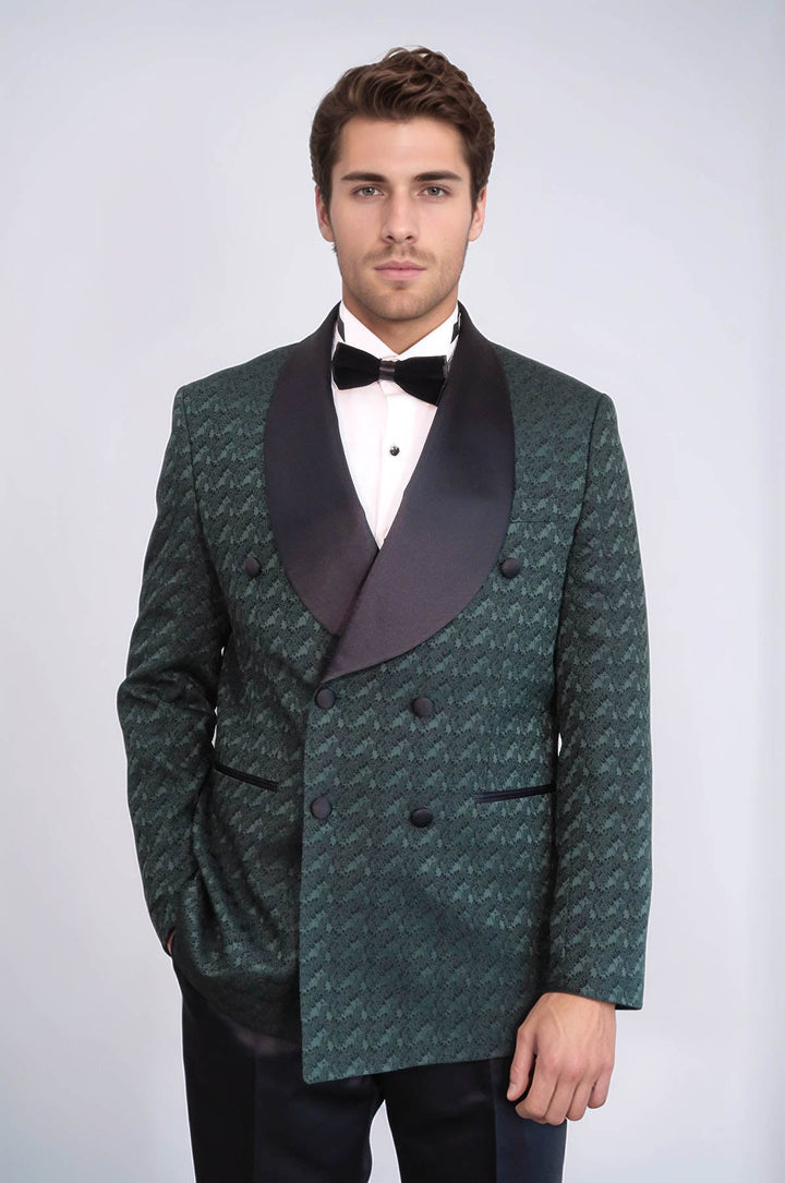 Traje de esmoquin para hombre de raso con cuello chal estampado cruzado verde oscuro - Wessi