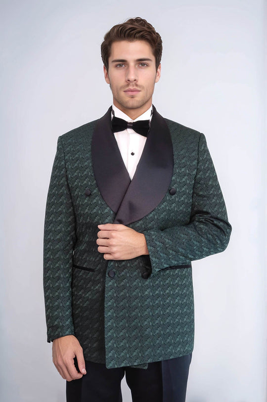 Traje de esmoquin para hombre de raso con cuello chal estampado cruzado verde oscuro - Wessi