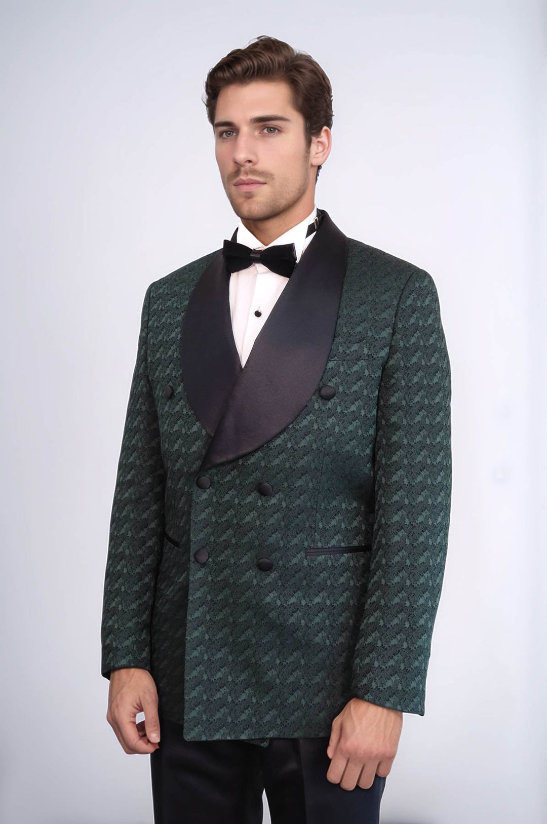 Traje de esmoquin para hombre de raso con cuello chal estampado cruzado verde oscuro - Wessi