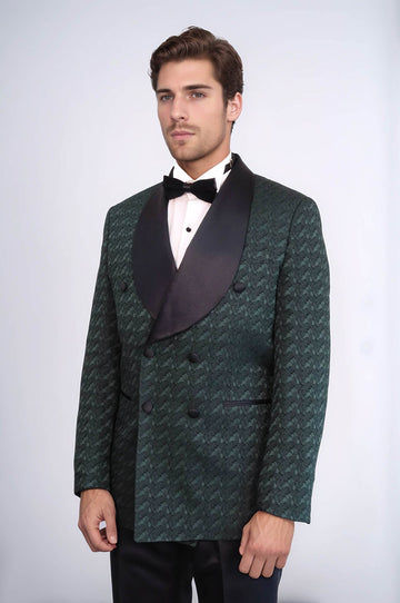 Traje de esmoquin para hombre de raso con cuello chal estampado cruzado verde oscuro - Wessi