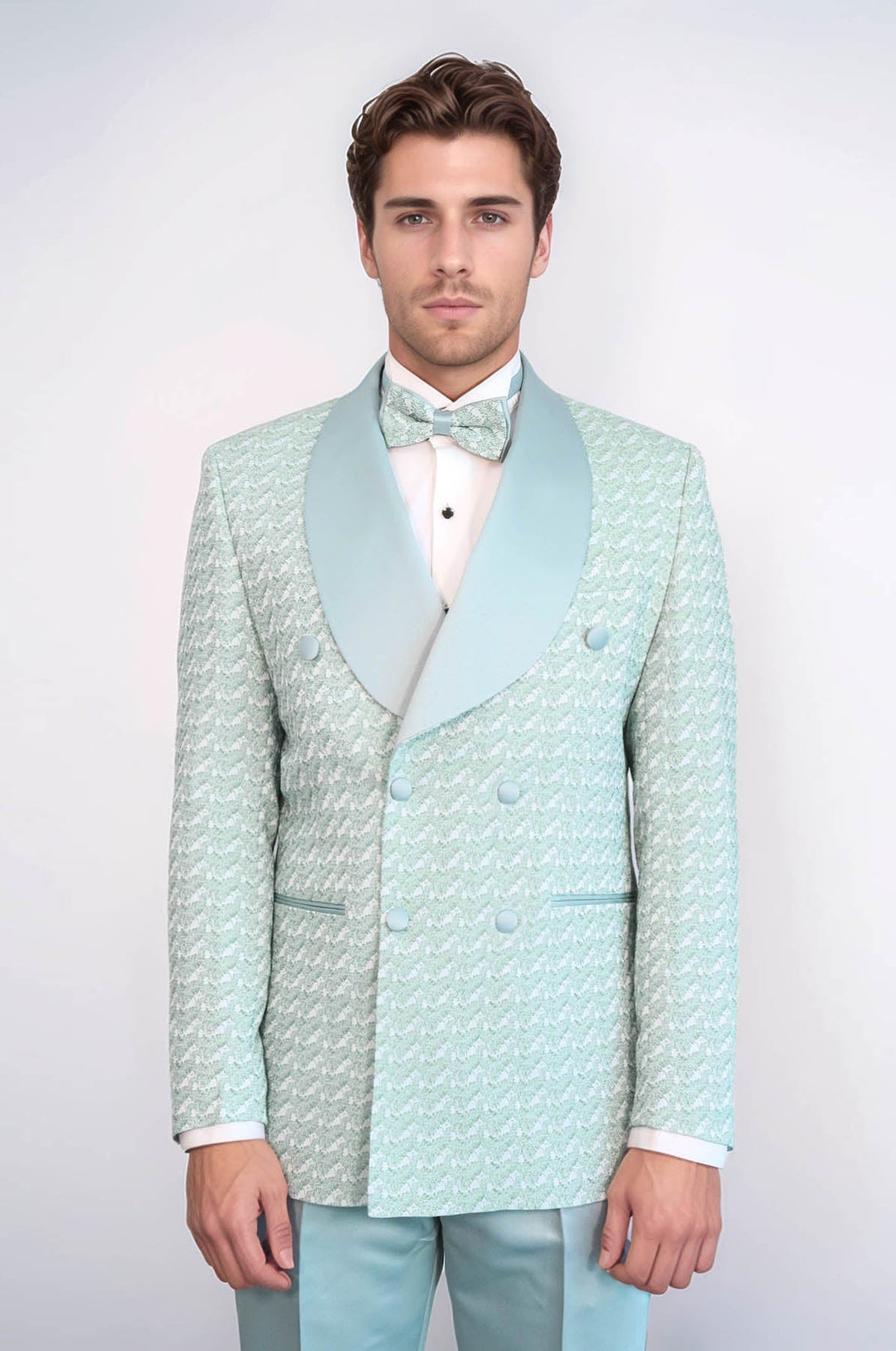 بدلة سهرة من الساتان بياقة شال منقوشة مزدوجة الصدر باللون الأخضر للرجال - ويسي