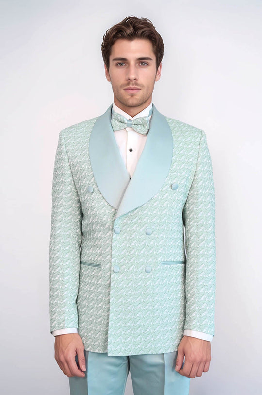 Traje de esmoquin para hombre verde salvia con doble botonadura y estampado de cuello chal de raso - Wessi