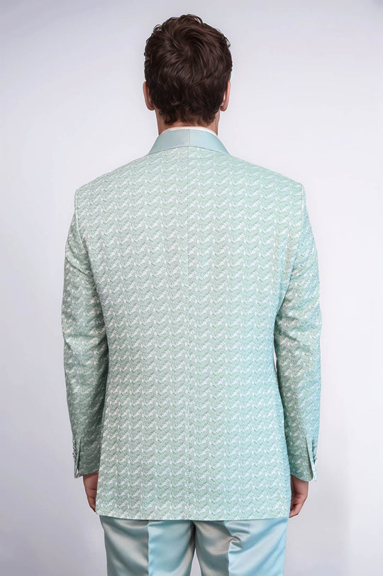 Traje de esmoquin para hombre verde salvia con doble botonadura y estampado de cuello chal de raso - Wessi