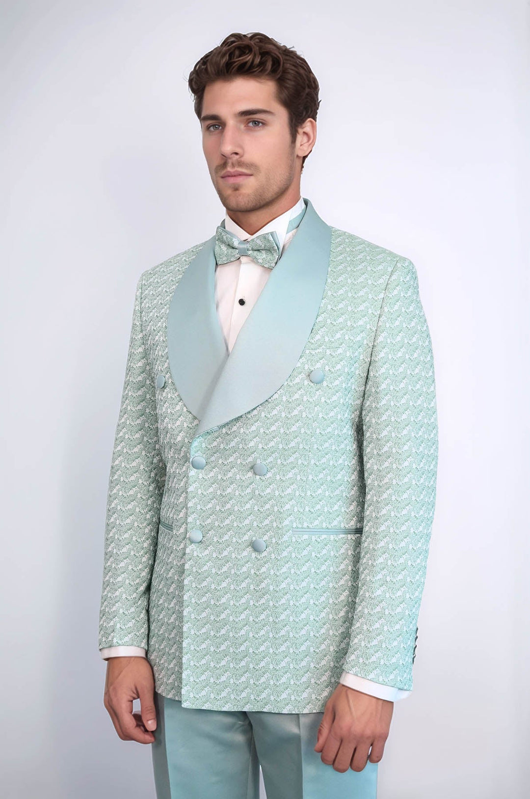بدلة سهرة من الساتان بياقة شال منقوشة مزدوجة الصدر باللون الأخضر للرجال - ويسي