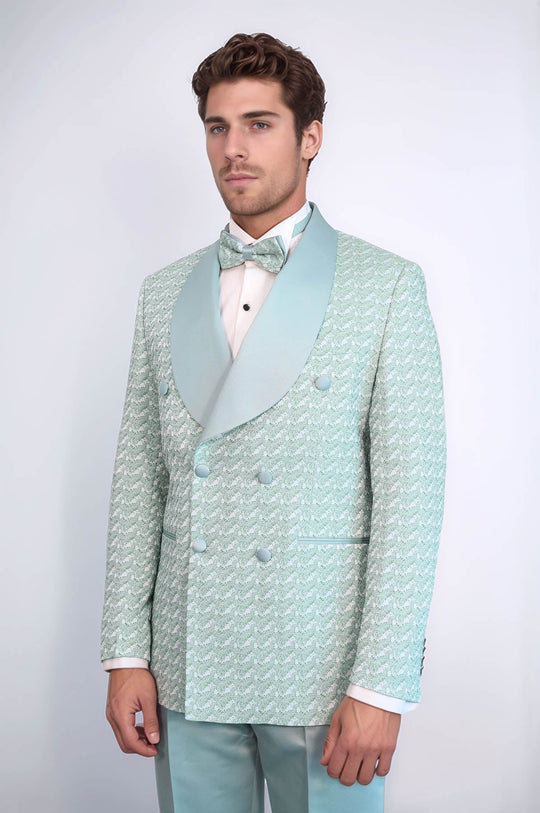 Traje de esmoquin para hombre verde salvia con doble botonadura y estampado de cuello chal de raso - Wessi
