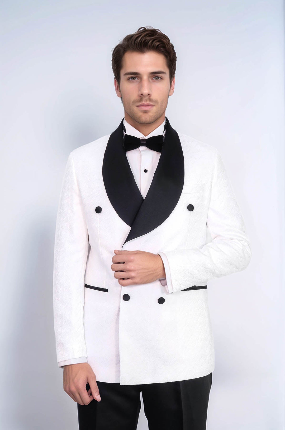 Costume de smoking homme blanc à double boutonnage en satin avec col châle - Wessi