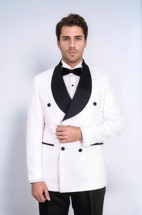 Traje de esmoquin para hombre blanco cruzado en raso con cuello chal estampado y doble botonadura - Wessi