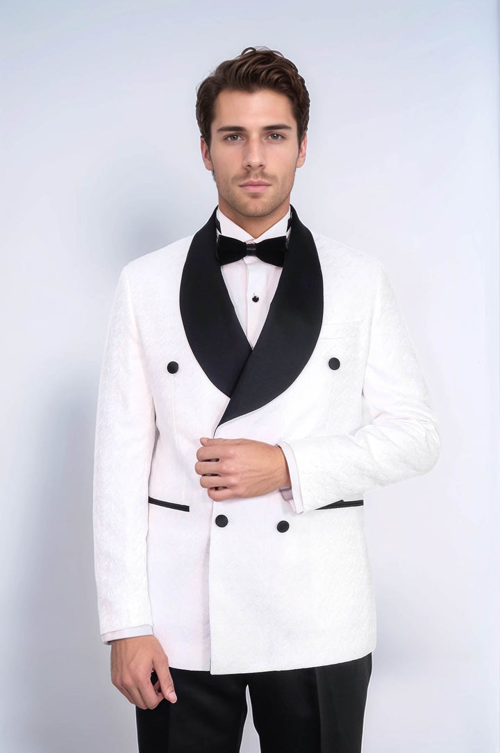 Costume de smoking homme blanc à double boutonnage en satin avec col châle - Wessi