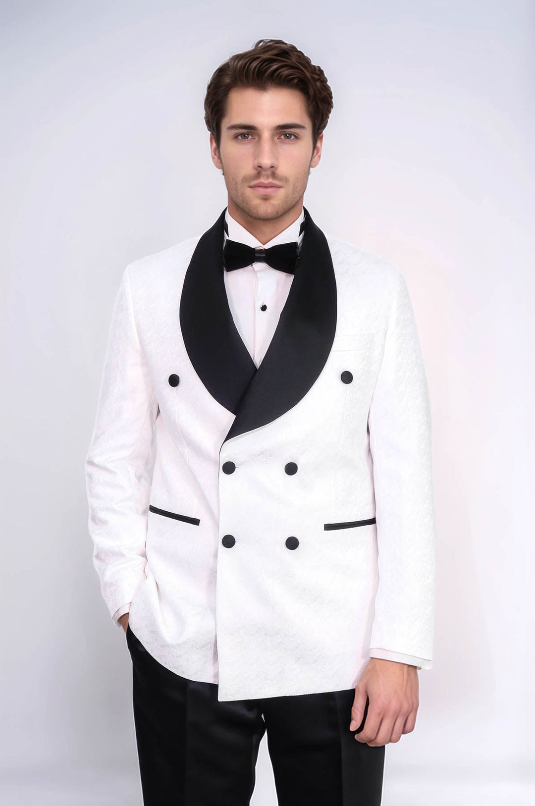 Costume de smoking homme blanc à double boutonnage en satin avec col châle - Wessi