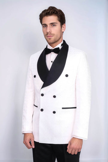 Traje de esmoquin para hombre blanco cruzado en raso con cuello chal estampado y doble botonadura - Wessi
