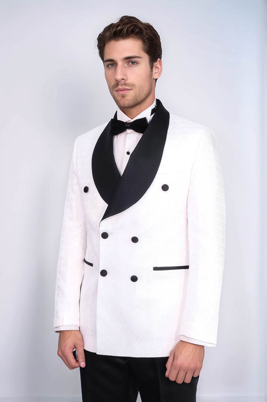 Traje de esmoquin para hombre blanco cruzado en raso con cuello chal estampado y doble botonadura - Wessi