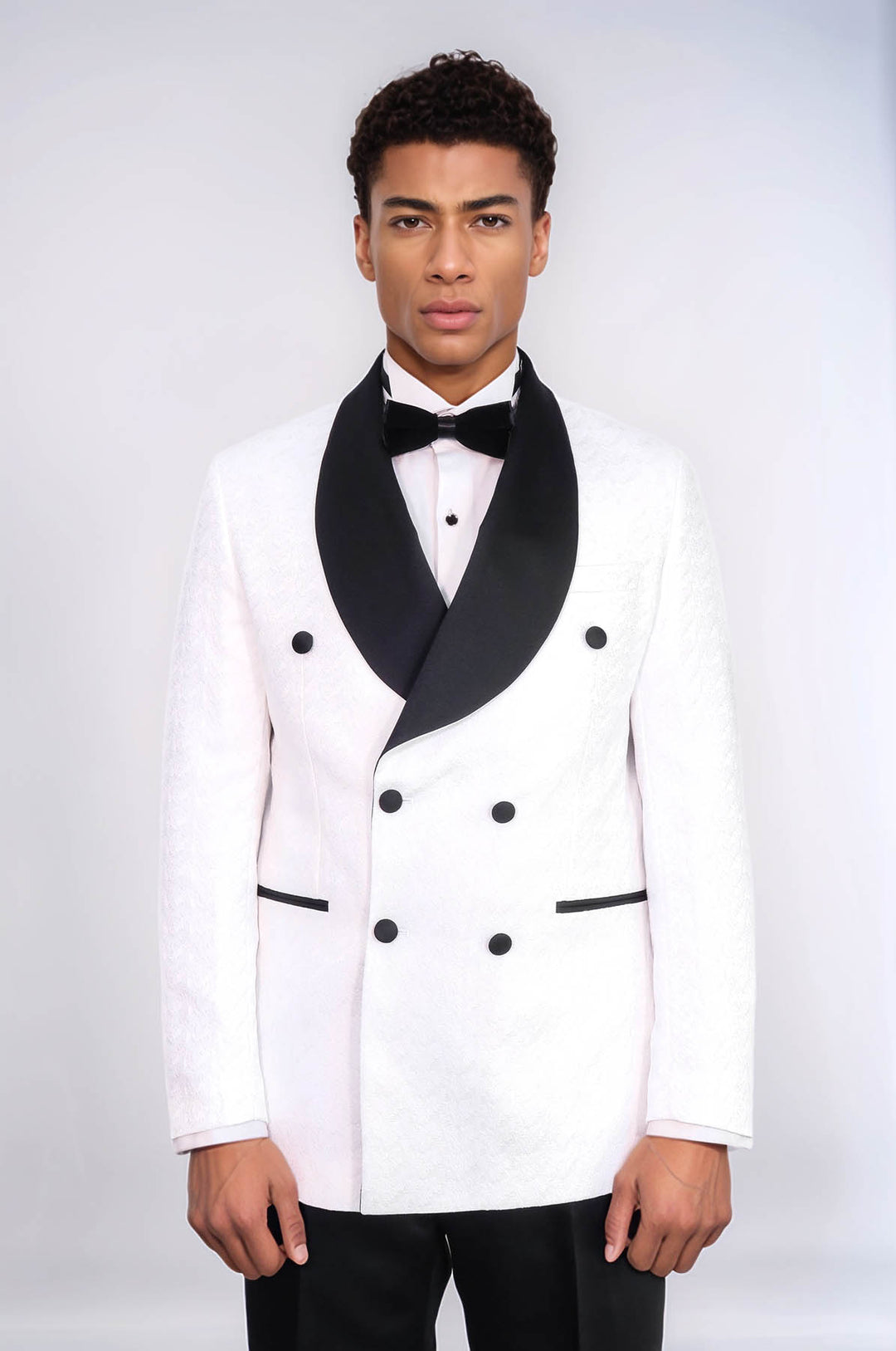 Traje de esmoquin para hombre blanco cruzado en raso con cuello chal estampado y doble botonadura - Wessi