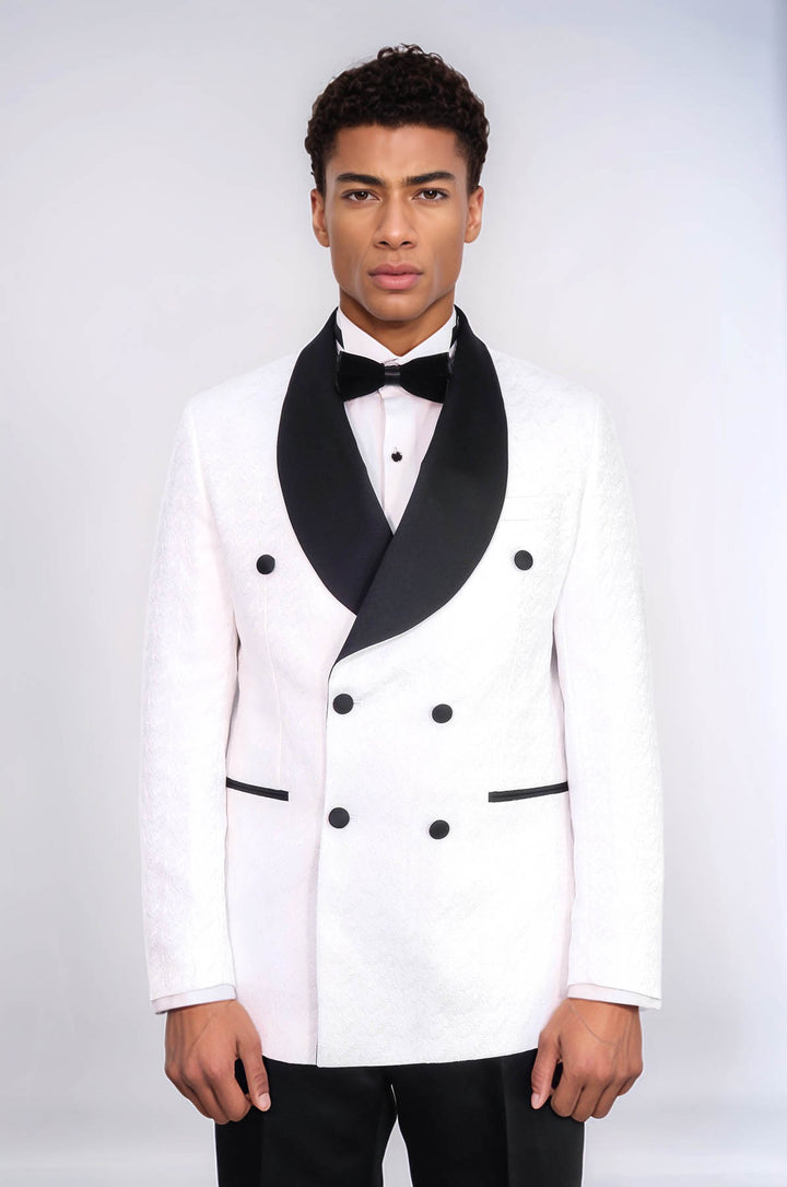 Traje de esmoquin para hombre blanco cruzado en raso con cuello chal estampado y doble botonadura - Wessi