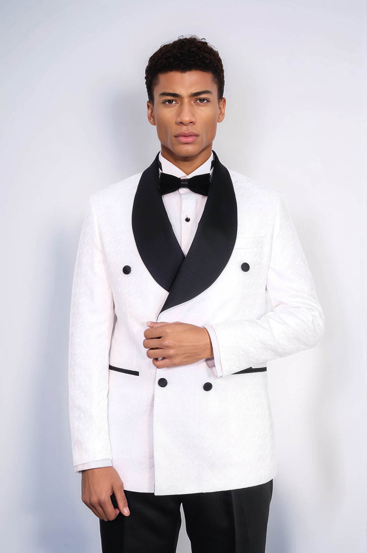 Traje de esmoquin para hombre blanco cruzado en raso con cuello chal estampado y doble botonadura - Wessi