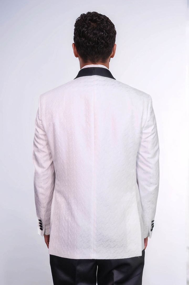 Traje de esmoquin para hombre blanco cruzado en raso con cuello chal estampado y doble botonadura - Wessi