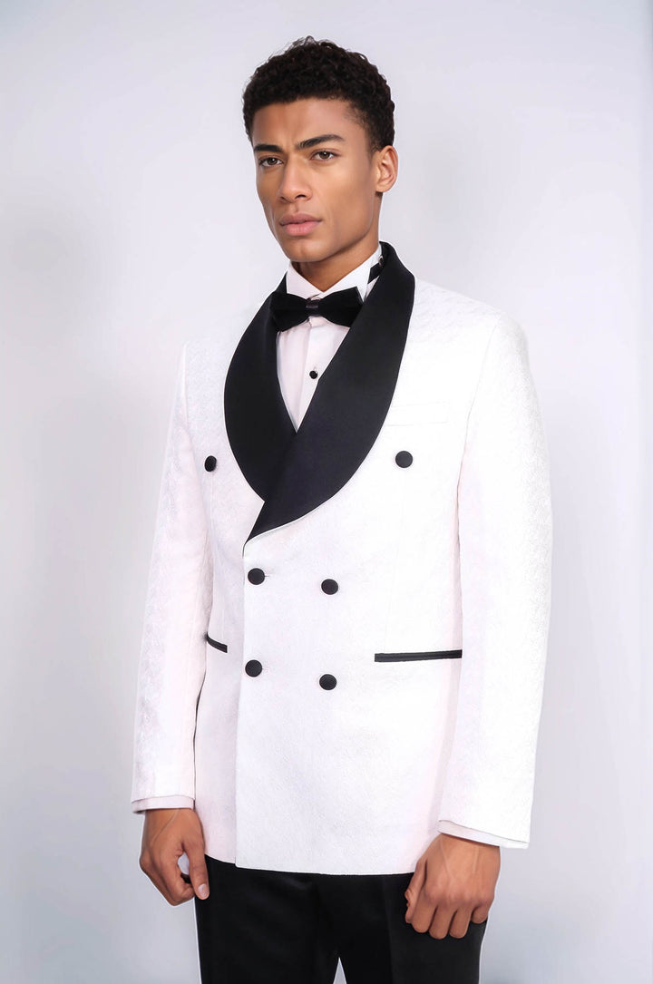 Traje de esmoquin para hombre blanco cruzado en raso con cuello chal estampado y doble botonadura - Wessi