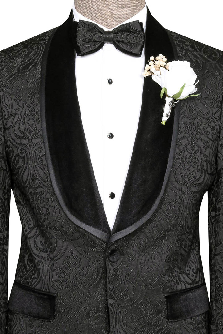 Black Tuxedo with Velvet Lapel Detail, Patterned Waistcoat, and White Shirt Look - Wessi Wedding Style